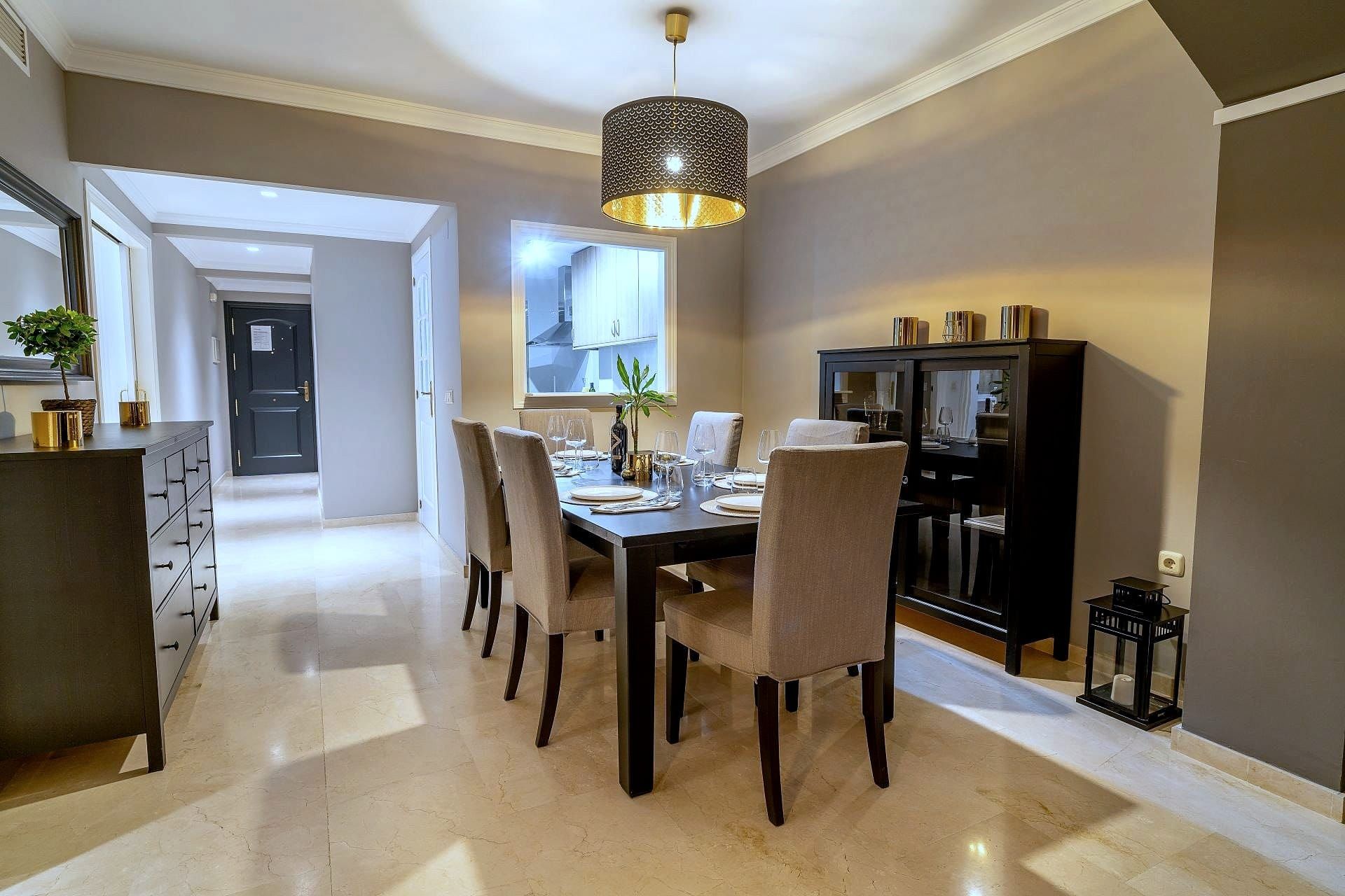 Dining area with a table for six